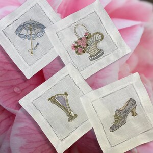 Romantic Era Linen Embroidered Cocktail Napkin | Set of 4 | Hostess Gift | Cloth Coaster | Elegant Home Décor | Bar Cart | Table Setting