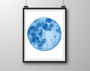 Blue Moon Luna Watercolour Art Print | Watercolor Painting | Astronomy and Astrology | Nature Nursery Study Living Decor