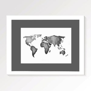 Zwart-wit Wereldkaart Aquarel | Monochrome World Globe Aquarel schilderij | Home Kinderkamer Studie Living Decor | Kaarten