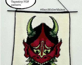 Gehaakt patroon met oni-masker tapijt / muur hangend Japans traditioneel