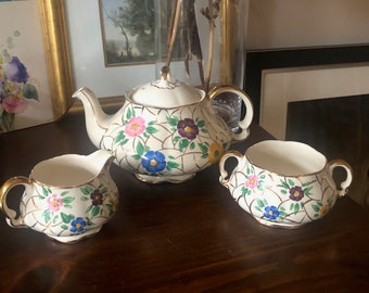 Vintage 1940s Ellgreave Burslem Hand Painted Floral Teapot Service Set