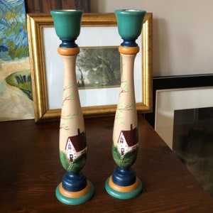 Vintage Wooden Country Home Candlesticks