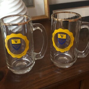 Peut inclure: Deux chopes à bière en verre transparent avec des bords dorés et un logo jaune et bleu qui dit "Averyson Institute Polytechnic".