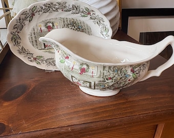 Vintage Johnson Brothers Merry Christmas Cup and Saucer OR Dinner Plate OR Gravy Boat and Underplate Set or Square Salad Plate