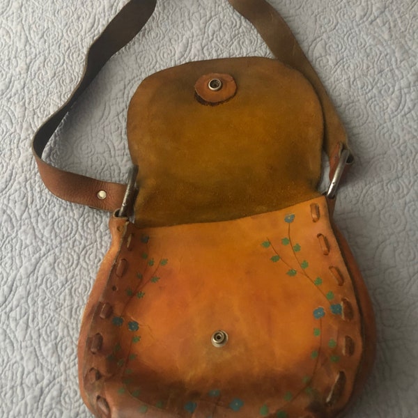 Vintage 60s Leather Hippie Crossbody Handbag Purse