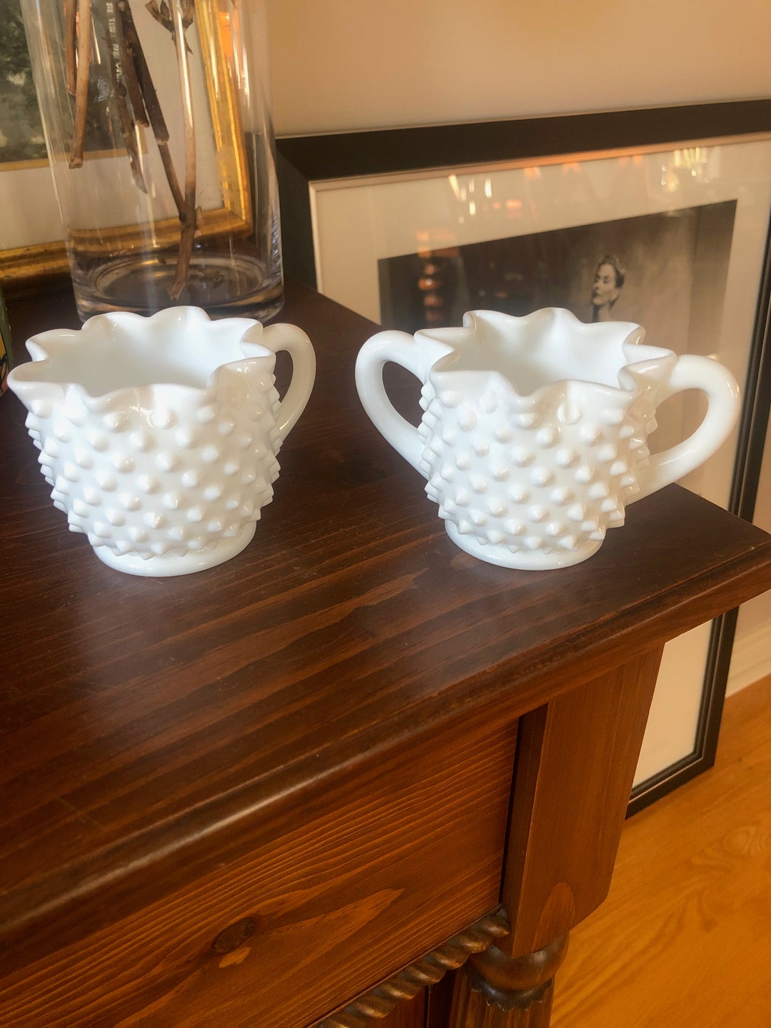 Vintage Milk Glass Hobnail Creamer and Sugar Bowl Set Etsy