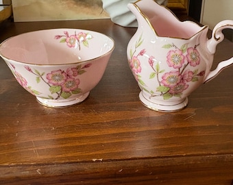 Vintage TUSCAN SPRINGTIME Pink Floral Creamer and Sugar Bowl Set