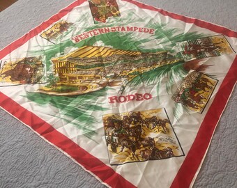 Vintage Western Stampede Rodeo Calgary Alberta Canada Souvenir Scenic Scarf