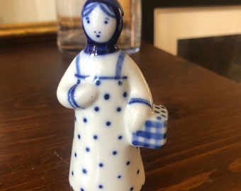 USSR Russian Gzhel Hand Painted Porcelain Woman Holding Basket Figurine