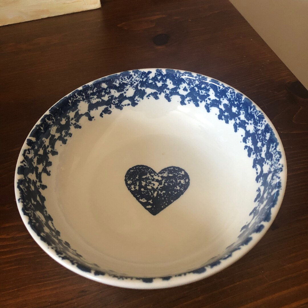 Tienshan Blue Folk Craft Hearts Spongeware 6.5 Soup/cereal Bowl Set of