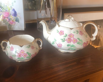 Vintage 1940s Ellgreave Burslem Hand Painted Floral Teapot and Sugar Bowl