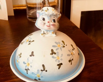 Vintage Collectible ESD Japan Miss Priss Cat Hand Painted Butter Dish