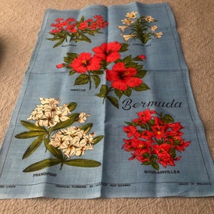 Vintage Ulster Linen Bermuda Flowers Tea Towel