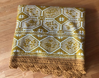 Vintage Golden Yellow Wool Overshot Blanket with Crochet Border