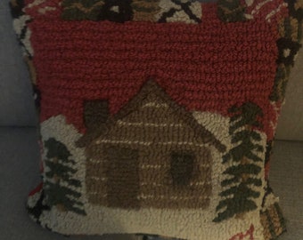 Hand Hooked Winter Cabin Pillow