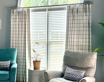 Beige Plaid Pinch Pleat Curtains - Farmhouse Style, Aaron Ecru
