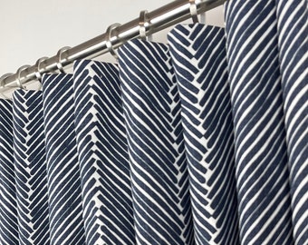 Navy Blue Rod-Pocket Curtains - Herringbone Curtains - Peacoat Blue Curtains - Living Room Curtains - Rod-Pocket - 63 - 84 - 96 - 108 - 120