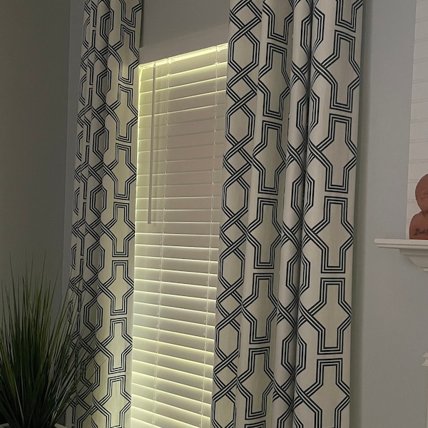 A Pair of 50"W Scott Living Heavyweight Grommet Curtains - Ander Sapphire - Geometric Curtains - Trellis Curtains - Grommets