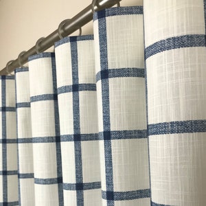 Blue Plaid Slub Rod-Pocket Curtains - Denim Blue Buffalo Check Curtains - Farmhouse Curtains - Blue and White Curtains - 63 84 96 108 120
