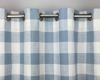 Light Blue Buffalo Check Grommet Curtains - Cashmere Blue Plaid - Light Blue Gingham Drapes - Light Blue Buffalo Plaid - Farmhouse Curtains