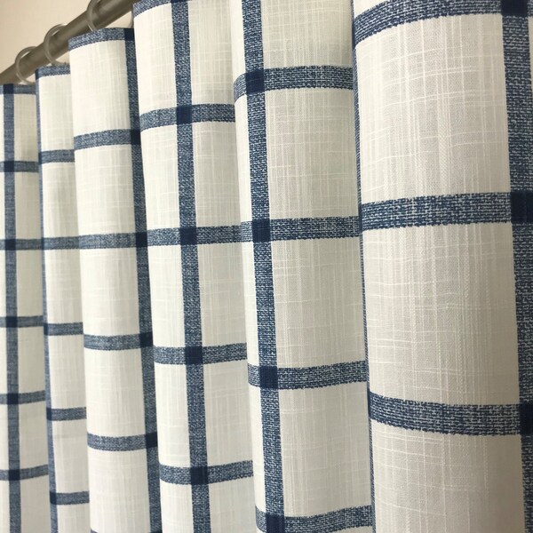 Blue Plaid Slub Rod-Pocket Curtains - Denim Blue Buffalo Check Curtains - Farmhouse Curtains - Blue and White Curtains - 63 84 96 108 120