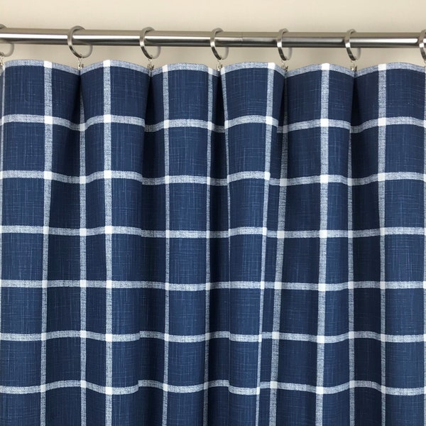 Blue Plaid Slub Rod-Pocket Curtains - Abbot Italian Denim Slub - Blue and White Curtains - Farmhouse Curtain - Rod-Pocket - 63 84 96 108 120