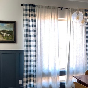 Polo Blue Buffalo Check Curtains - Gunmetal Blue Plaid - Blue Gingham Drapes - Blue Farmhouse Curtains - Rod-Pocket -Blackout Curtains