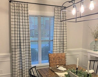 50x84 - READY TO SHIP - Black and White Plaid Slub Rod-Pocket Unlined Curtains - Aaron Ink Curtains - Black and White Check Curtains