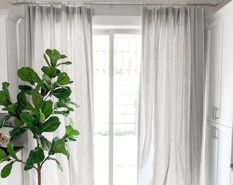 Gray Slub Rod-Pocket Curtains – Navy Tan Stripe, Farmhouse Style
