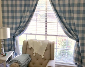 Light Blue Buffalo Check Rod-Pocket Curtains - Cashmere Blue Plaid - Light Blue Gingham Drapes - Farmhouse Curtains - 63 84 96 108 120