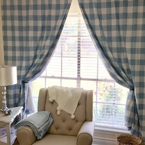 Light Blue Buffalo Check Rod-Pocket Curtains - Cashmere Blue Plaid - Light Blue Gingham Drapes - Farmhouse Curtains - 63 84 96 108 120
