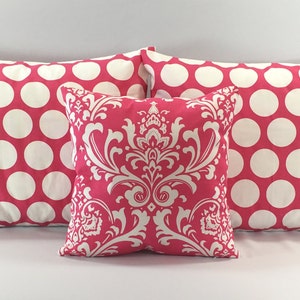 Candy Pink Bedding Pillow Set - Damask Bedding Pillows - Polka Dot Shams - Pillow Shams - Girls Bedroom - Standard Full Queen King Sizes