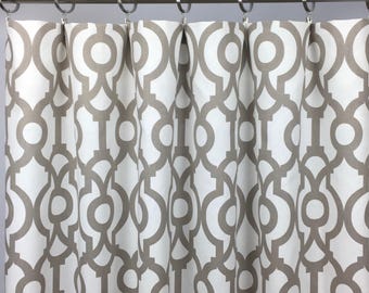 Taupe Quatrefoil Curtains – Lyon Ecru Trellis, Rod-Pocket