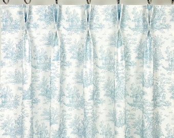 Weathered Blue Toile Curtains - Pinch Pleat, Colonial Country Style - 26" Pair, Custom Size