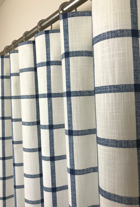 Blue Plaid Slub Rod pocket Curtains Denim Blue Buffalo Check