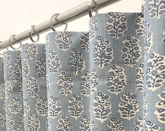 Blue Floral Linen Rod Pocket Curtains  Perry Stonewash, Custom Size, Blackout Cotton Lining Option
