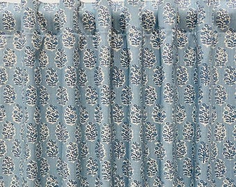 Perry Florence Floral Curtains – Stonewash Blue Cotton Linen Blend Back Tab Panels