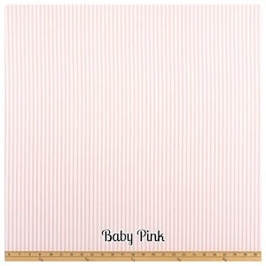 May include: A fabric featuring a repeating pattern of thin, vertical baby pink stripes on a white background. A wooden ruler is positioned along the bottom edge, showing measurements in inches up to 30 inches. The text Baby Pink is visible.
