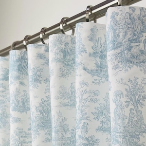24 34 50&quot; W - Toile Weathered Blue Rod Pocket Curtains Panels - Colonial Toile Drapes - Custom Size- Blackout Cotton Lining Panels -9 Colors