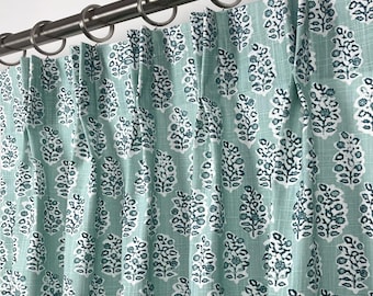 2 Panels- Perry Blue Springs Pleat Curtains Green Floral- Double French- Pleat- Custom Size-Lining