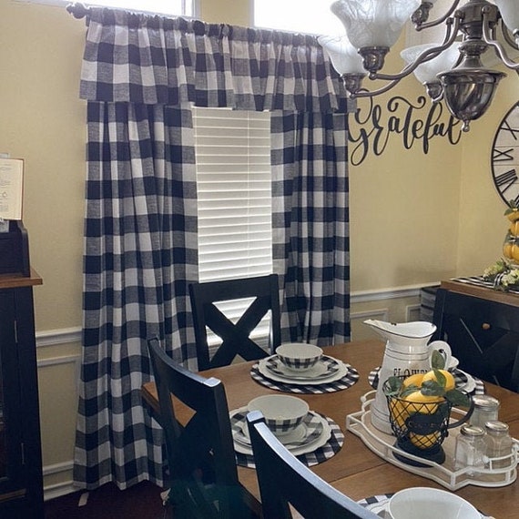 Black and White Buffalo Check Curtains 24 Width and 50 Width Options rod  Pocket Options for Cotton or Blackout Lining 