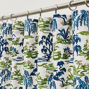 Meadow Print Cotton Curtains – Blue Green Toile Pattern, Custom Size Panels
