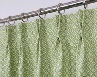2-Panels- 26-32-36" Asher Tendril Green Pleat Curtains- Double- French Pleat- Custom Size- Cotton Lining