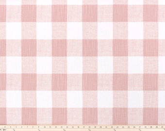 May include: Pink and white gingham fabric with a subtle texture. The fabric is shown with a measuring tape, indicating it is sold by the yard.