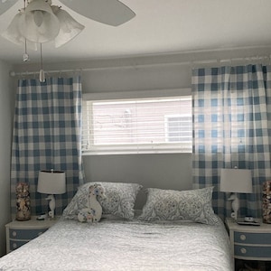 Light Blue Buffalo Check Rod-Pocket Curtains - Cashmere Blue Plaid - Light Blue Gingham Drapes - Farmhouse Curtains - 63 84 96 108 120
