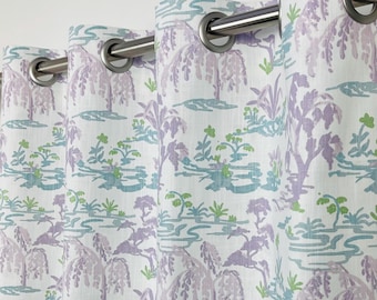 Meadow Orchid Cotton Curtains Lilac  Grommet Panels Watercolor Landscape in Pastel Shades of Purple Pink Green Blue and White