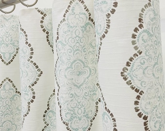 Monroe Snowy Rod Pocket Curtains -Pastel Blue-Green  Brown Damask Drapes-Custom Size-Blackout-Cotton Lining Option