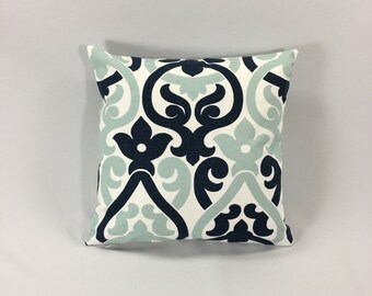 Navy Blue Damask Pillow Cover - Floral Print Throw Pillow