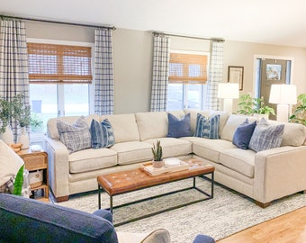 Blue Plaid Slub Rod-pocket Curtains Denim Blue Buffalo Check