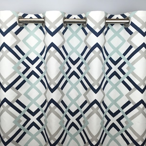 Blue Geometric Curtains - FREE SHIPPING - Grommets INCLUDED - Navy Gray Curtains - Trellis Drapes - Lattice Drapes- 63 84 96 108 or 120 Long